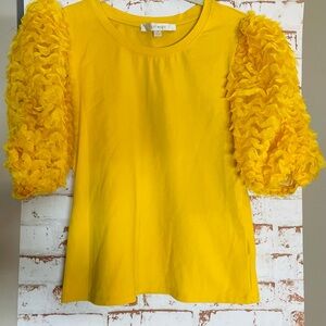 Anthropologie Flat White Yellow Ruffled Sleeve Top NWOT